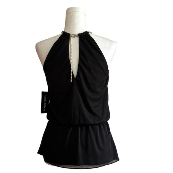 Coco Bianco Halter Top Black Gold Tone Chain Neckline Sleeveless Blouse Small - Picture 5 of 12